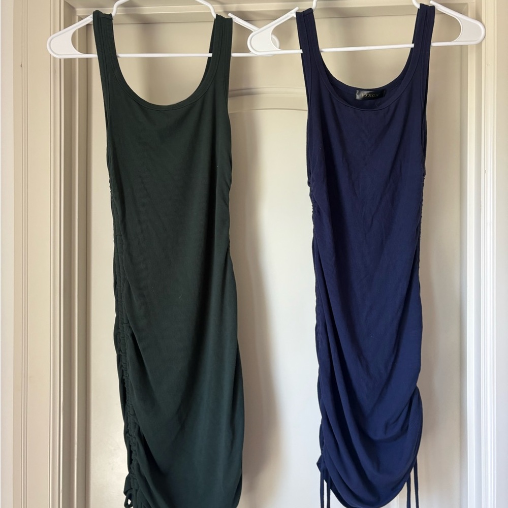Dark Green and Navy Ruched Tank Dresses